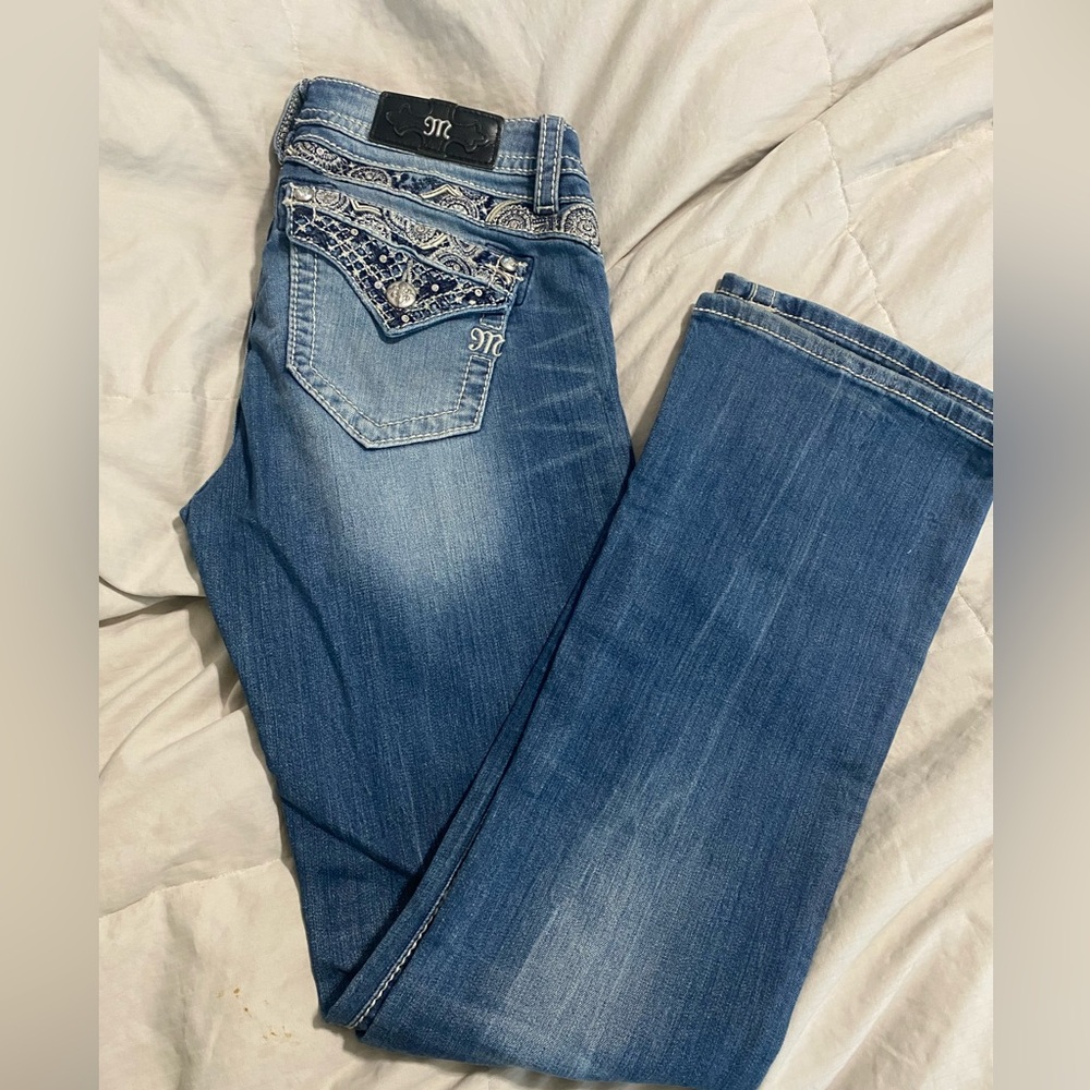 Miss Me Blue Boot Cut Jeans with Embellished Pockets